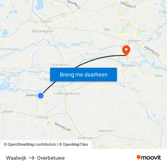 Waalwijk to Overbetuwe map