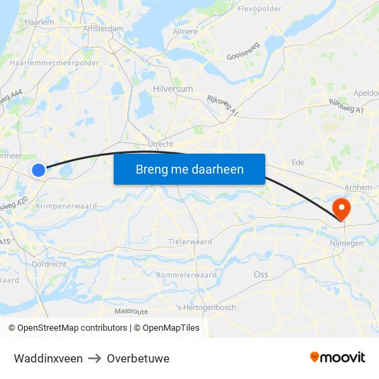 Waddinxveen to Overbetuwe map