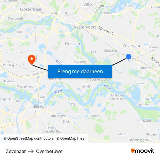 Zevenaar to Overbetuwe map