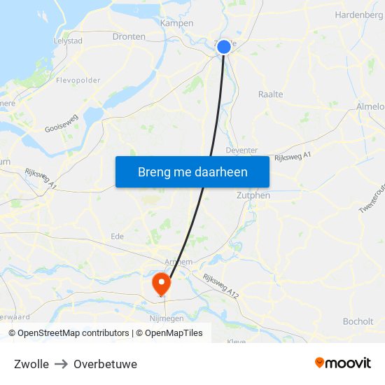 Zwolle to Overbetuwe map