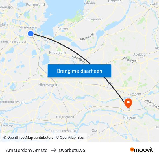 Amsterdam Amstel to Overbetuwe map