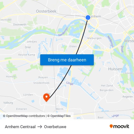 Arnhem Centraal to Overbetuwe map