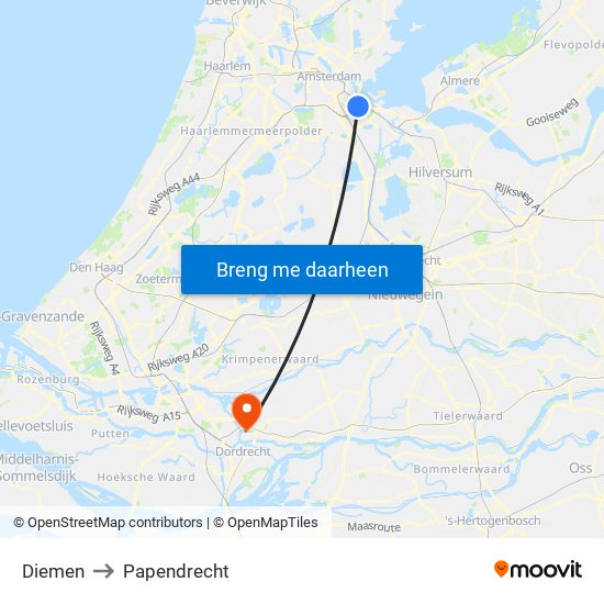 Diemen to Papendrecht map