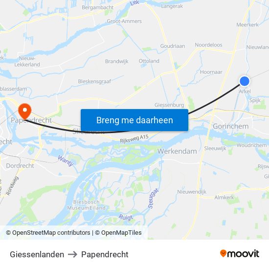 Giessenlanden to Papendrecht map