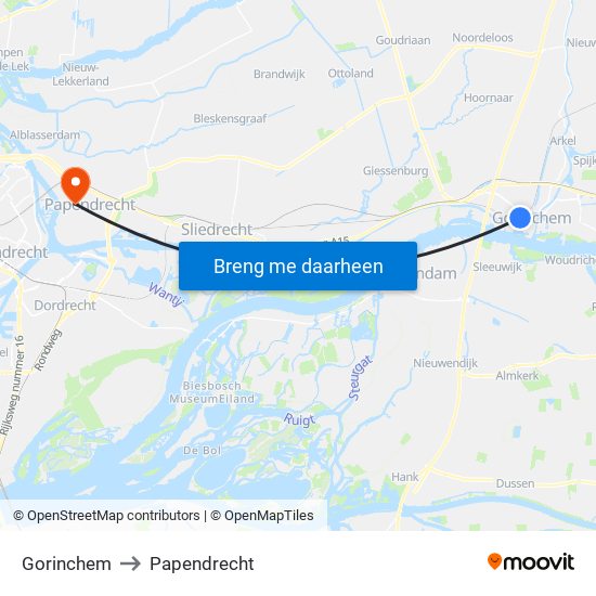 Gorinchem to Papendrecht map