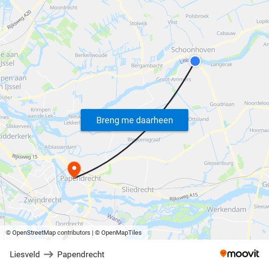 Liesveld to Papendrecht map