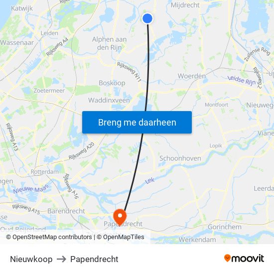 Nieuwkoop to Papendrecht map