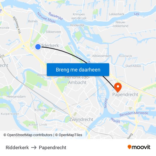 Ridderkerk to Papendrecht map