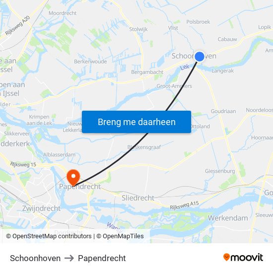 Schoonhoven to Papendrecht map