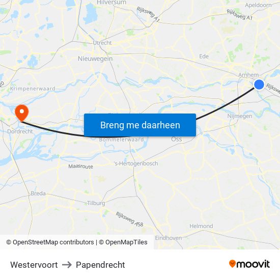 Westervoort to Papendrecht map