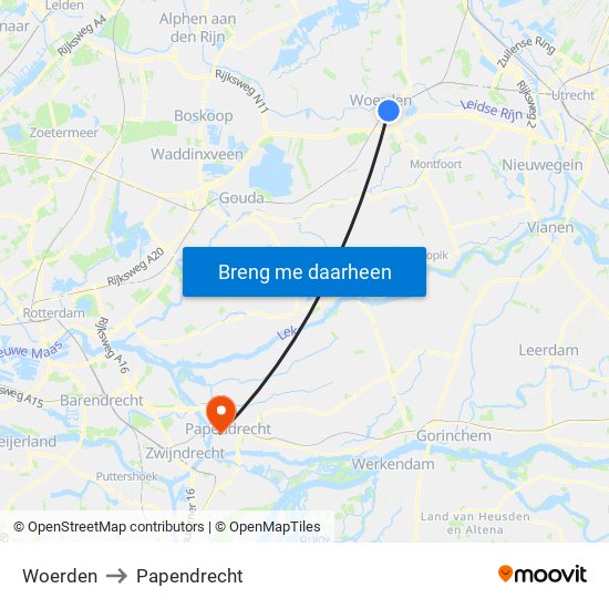 Woerden to Papendrecht map