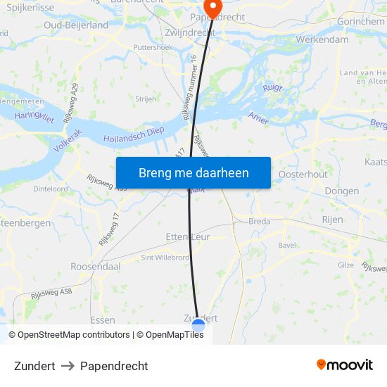 Zundert to Papendrecht map