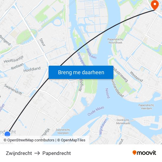 Zwijndrecht to Papendrecht map