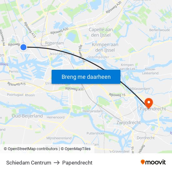Schiedam Centrum to Papendrecht map
