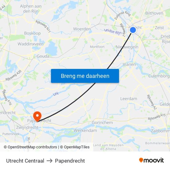 Utrecht Centraal to Papendrecht map