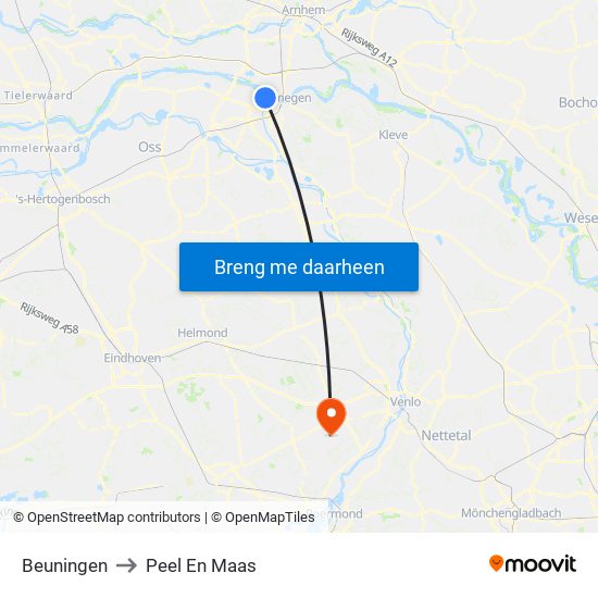 Beuningen to Peel En Maas map