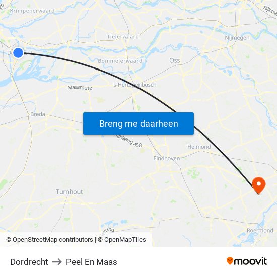 Dordrecht to Peel En Maas map