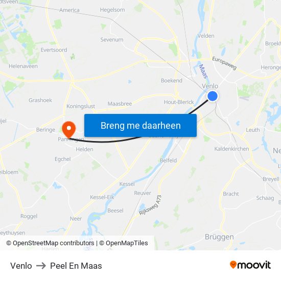 Venlo to Peel En Maas map