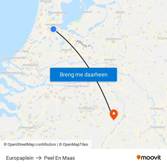 Europaplein to Peel En Maas map