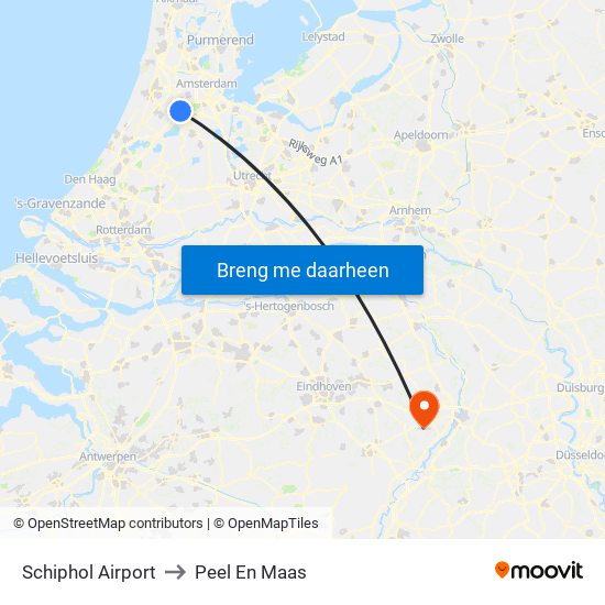 Schiphol Airport to Peel En Maas map