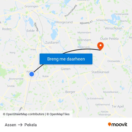 Assen to Pekela map