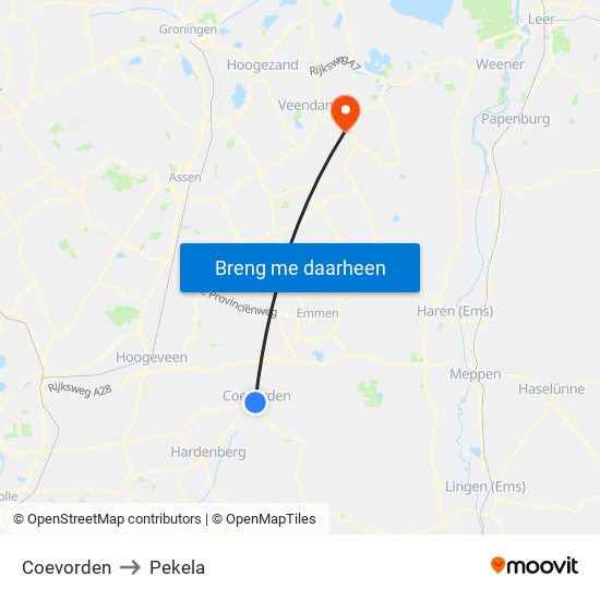 Coevorden to Pekela map