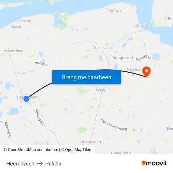 Heerenveen to Pekela map