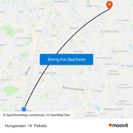Hoogeveen to Pekela map