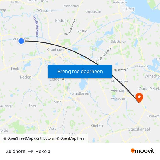 Zuidhorn to Pekela map