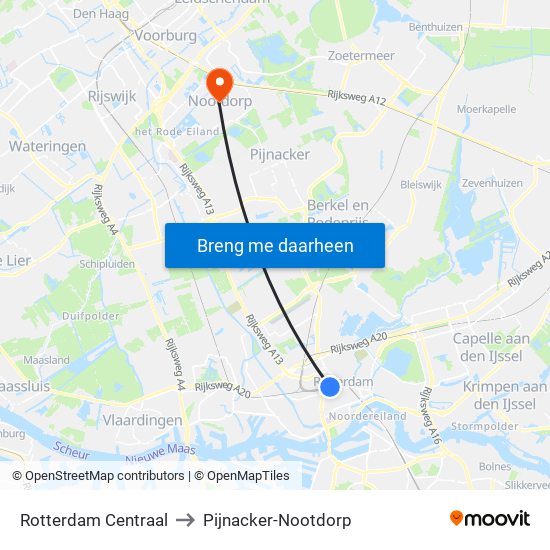 Rotterdam Centraal to Pijnacker-Nootdorp map