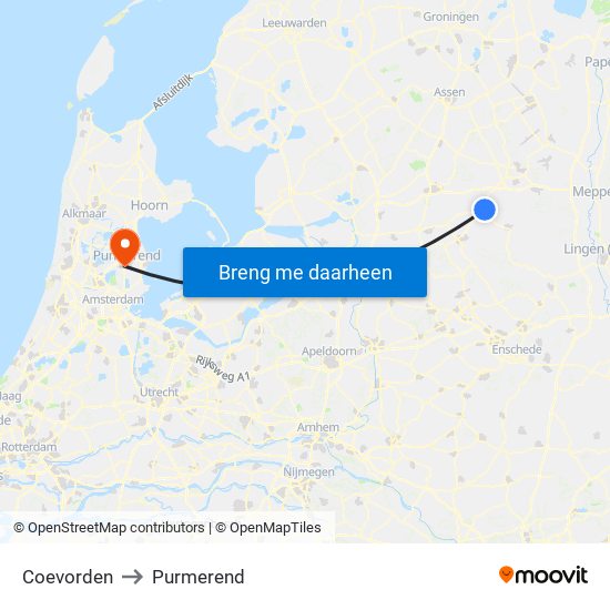 Coevorden to Purmerend map