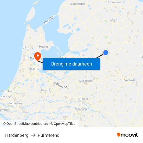 Hardenberg to Purmerend map