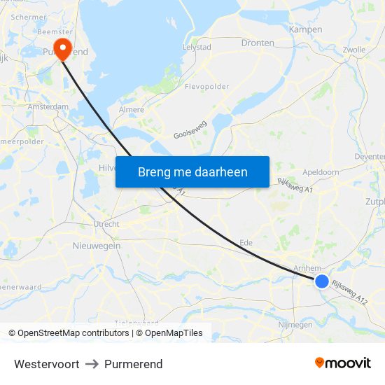 Westervoort to Purmerend map