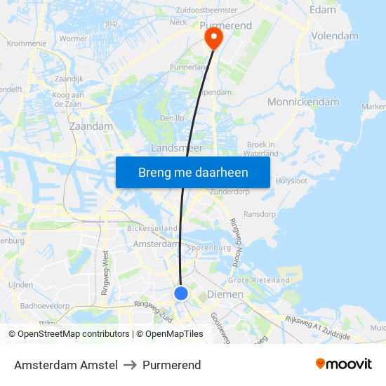 Amsterdam Amstel to Purmerend map