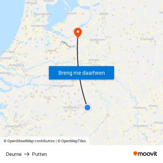 Deurne to Putten map