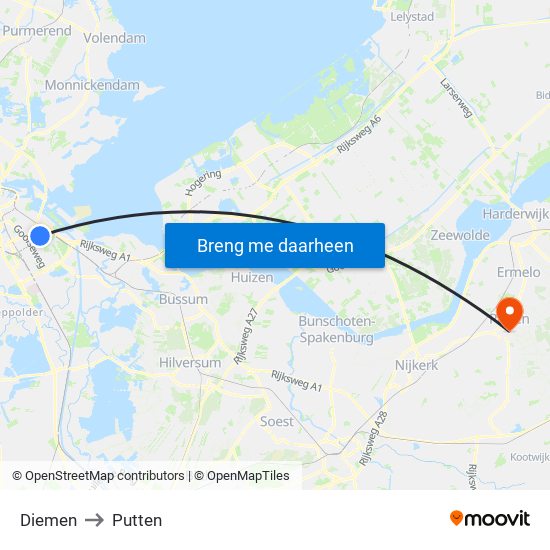 Diemen to Putten map