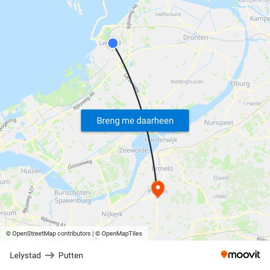 Lelystad to Putten map