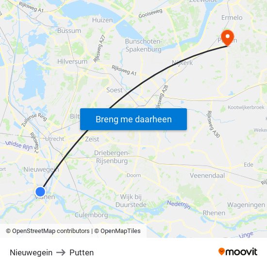 Nieuwegein to Putten map