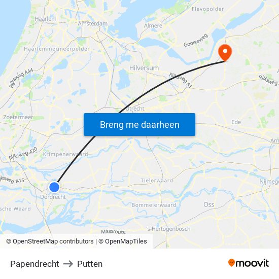 Papendrecht to Putten map