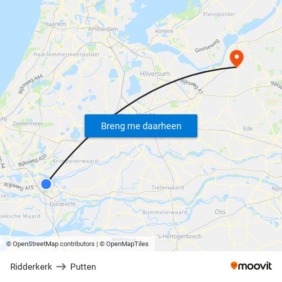 Ridderkerk to Putten map