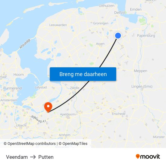 Veendam to Putten map