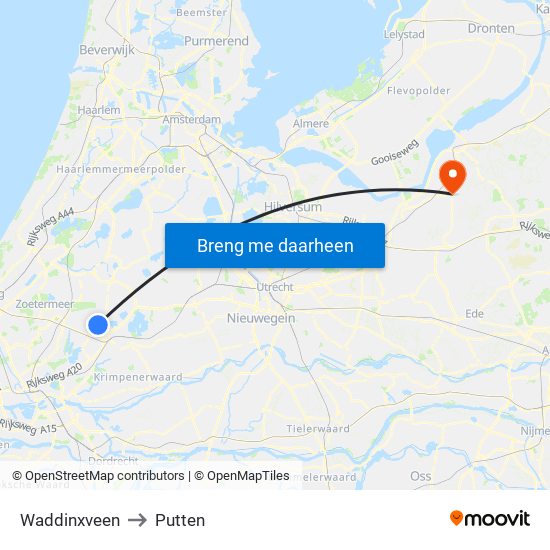 Waddinxveen to Putten map