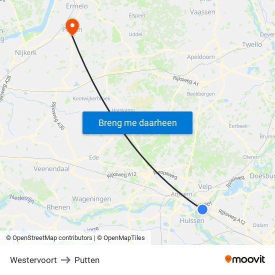 Westervoort to Putten map