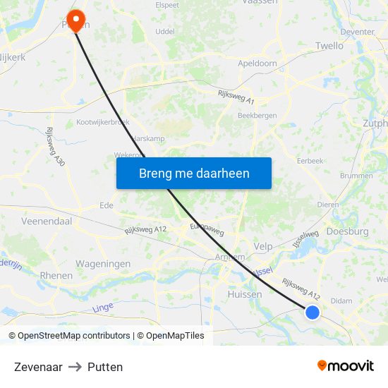 Zevenaar to Putten map