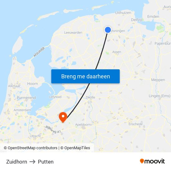 Zuidhorn to Putten map