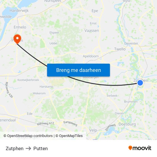 Zutphen to Putten map