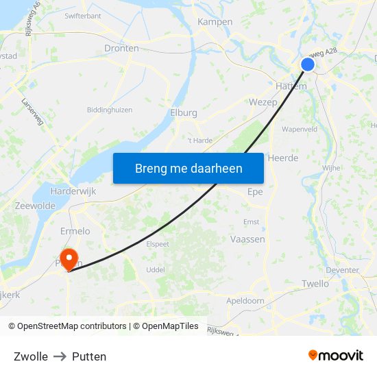 Zwolle to Putten map