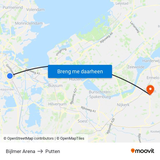 Bijlmer Arena to Putten map
