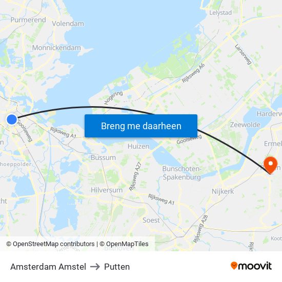 Amsterdam Amstel to Putten map