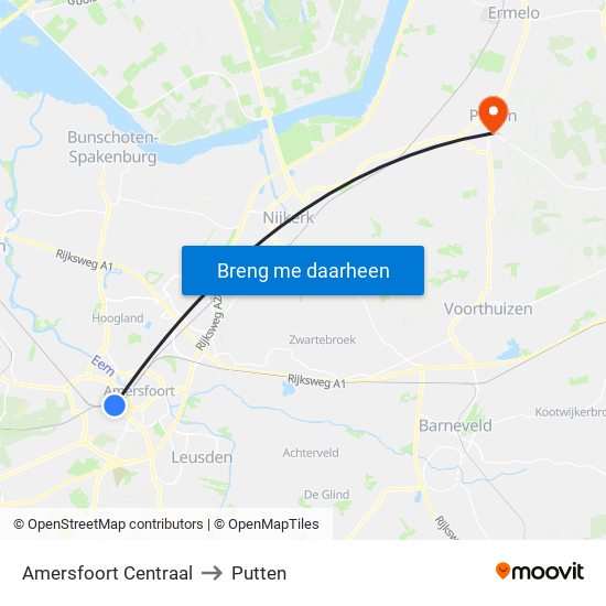 Amersfoort Centraal to Putten map